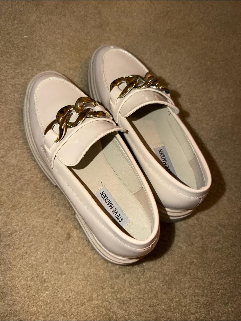 Steve Madden White Loafers with Gold Chain Accent